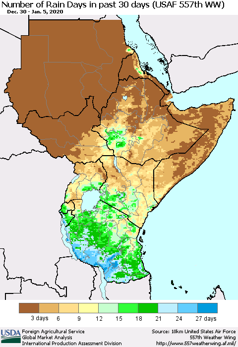 Eastern Africa Number of Rain Days in past 30 days (USAF 557th WW) 01/05/2020 Thematic Map For 12/30/2019 - 1/5/2020