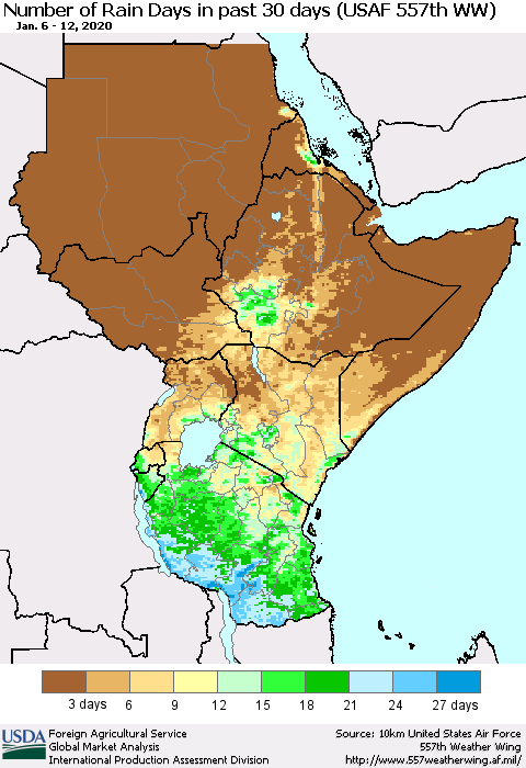 Eastern Africa Number of Rain Days in past 30 days (USAF 557th WW) 01/12/2020 Thematic Map For 1/6/2020 - 1/12/2020