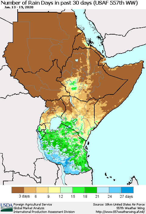 Eastern Africa Number of Rain Days in past 30 days (USAF 557th WW) 01/19/2020 Thematic Map For 1/13/2020 - 1/19/2020