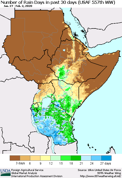Eastern Africa Number of Rain Days in past 30 days (USAF 557th WW) 02/02/2020 Thematic Map For 1/27/2020 - 2/2/2020