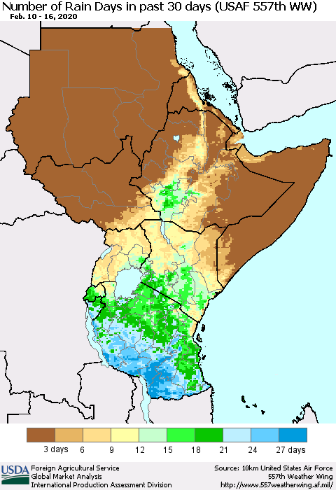 Eastern Africa Number of Rain Days in past 30 days (USAF 557th WW) 02/16/2020 Thematic Map For 2/10/2020 - 2/16/2020