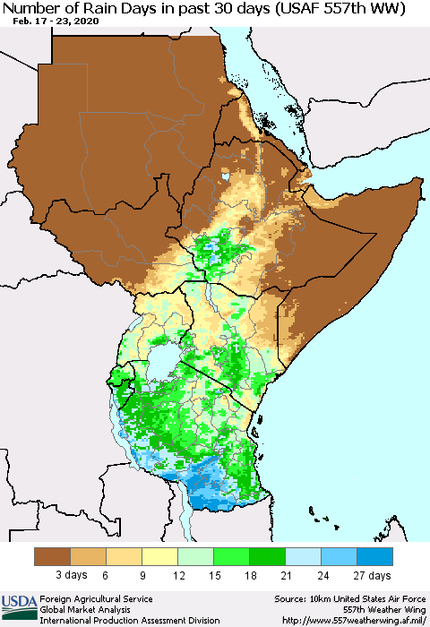 Eastern Africa Number of Rain Days in past 30 days (USAF 557th WW) 02/23/2020 Thematic Map For 2/17/2020 - 2/23/2020