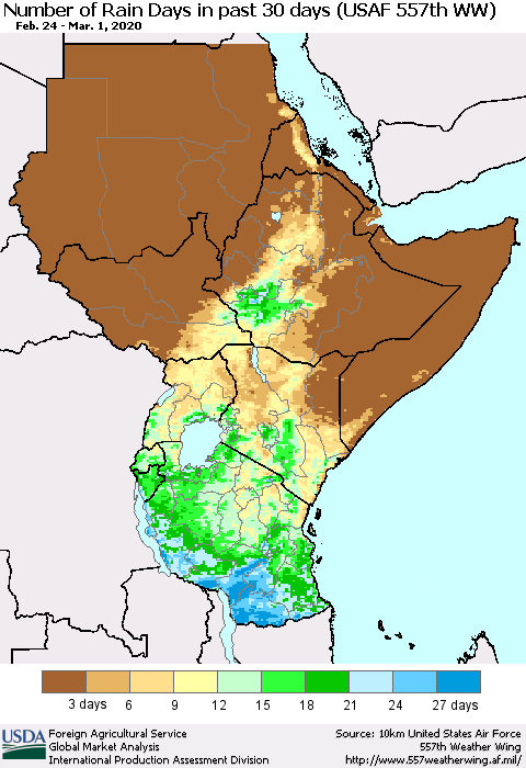 Eastern Africa Number of Rain Days in past 30 days (USAF 557th WW) 03/01/2020 Thematic Map For 2/24/2020 - 3/1/2020