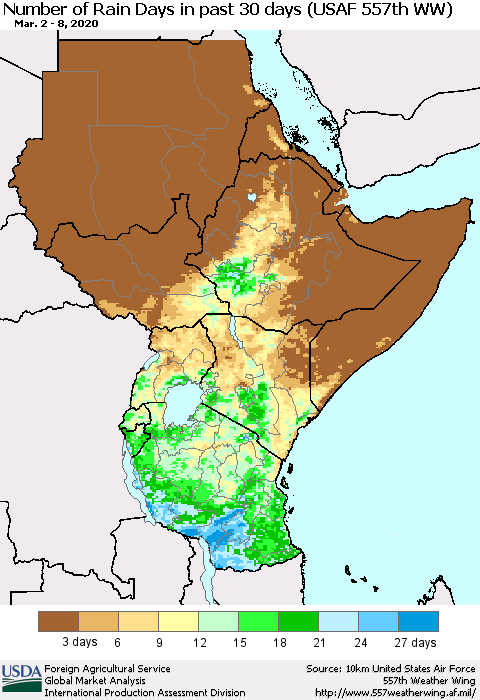 Eastern Africa Number of Rain Days in past 30 days (USAF 557th WW) 03/08/2020 Thematic Map For 3/2/2020 - 3/8/2020