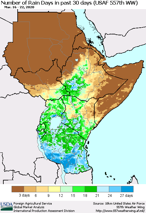 Eastern Africa Number of Rain Days in past 30 days (USAF 557th WW) 03/22/2020 Thematic Map For 3/16/2020 - 3/22/2020