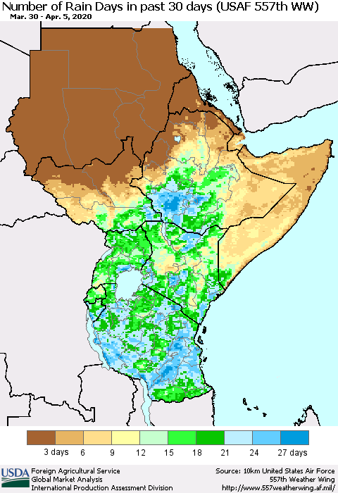 Eastern Africa Number of Rain Days in past 30 days (USAF 557th WW) 04/05/2020 Thematic Map For 3/30/2020 - 4/5/2020