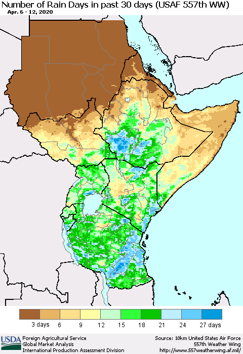 Eastern Africa Number of Rain Days in past 30 days (USAF 557th WW) 04/12/2020 Thematic Map For 4/6/2020 - 4/12/2020