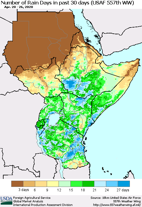 Eastern Africa Number of Rain Days in past 30 days (USAF 557th WW) 04/26/2020 Thematic Map For 4/20/2020 - 4/26/2020
