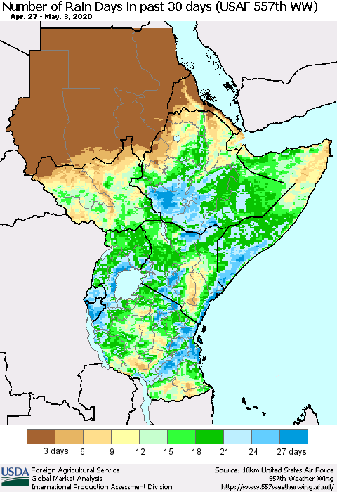 Eastern Africa Number of Rain Days in past 30 days (USAF 557th WW) 05/03/2020 Thematic Map For 4/27/2020 - 5/3/2020