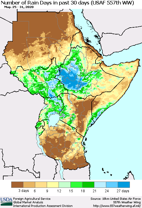 Eastern Africa Number of Rain Days in past 30 days (USAF 557th WW) 05/31/2020 Thematic Map For 5/25/2020 - 5/31/2020