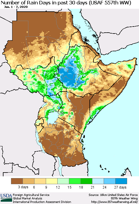 Eastern Africa Number of Rain Days in past 30 days (USAF 557th WW) 06/07/2020 Thematic Map For 6/1/2020 - 6/7/2020