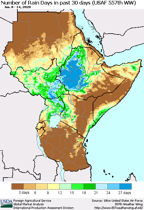 Eastern Africa Number of Rain Days in past 30 days (USAF 557th WW) 06/14/2020 Thematic Map For 6/8/2020 - 6/14/2020