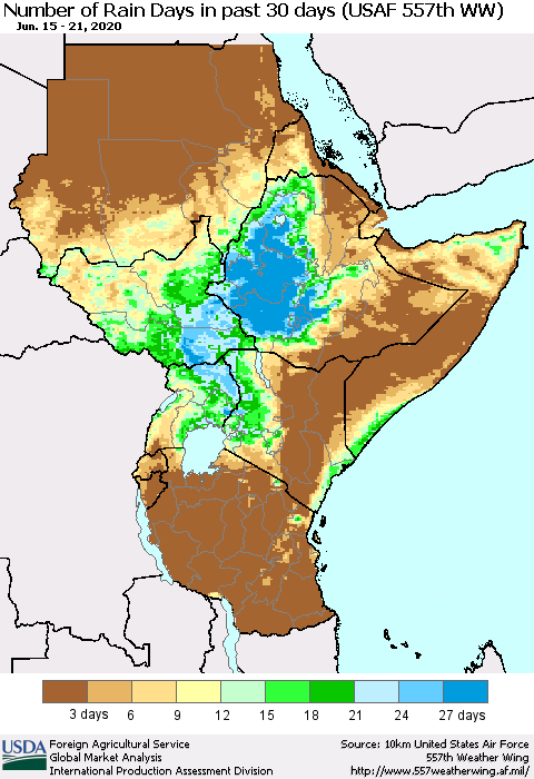 Eastern Africa Number of Rain Days in past 30 days (USAF 557th WW) 06/21/2020 Thematic Map For 6/15/2020 - 6/21/2020