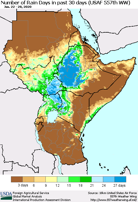 Eastern Africa Number of Rain Days in past 30 days (USAF 557th WW) 06/28/2020 Thematic Map For 6/22/2020 - 6/28/2020