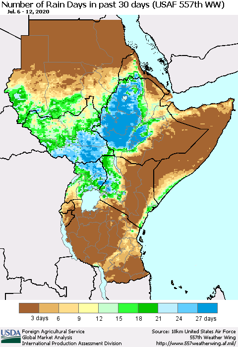 Eastern Africa Number of Rain Days in past 30 days (USAF 557th WW) 07/12/2020 Thematic Map For 7/6/2020 - 7/12/2020