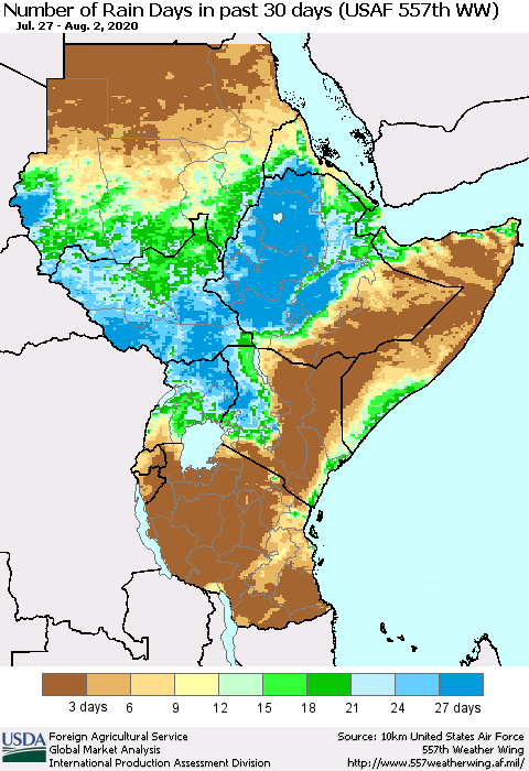 Eastern Africa Number of Rain Days in past 30 days (USAF 557th WW) 08/02/2020 Thematic Map For 7/27/2020 - 8/2/2020