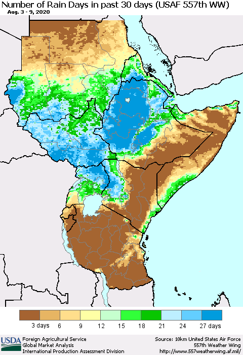 Eastern Africa Number of Rain Days in past 30 days (USAF 557th WW) 08/09/2020 Thematic Map For 8/3/2020 - 8/9/2020