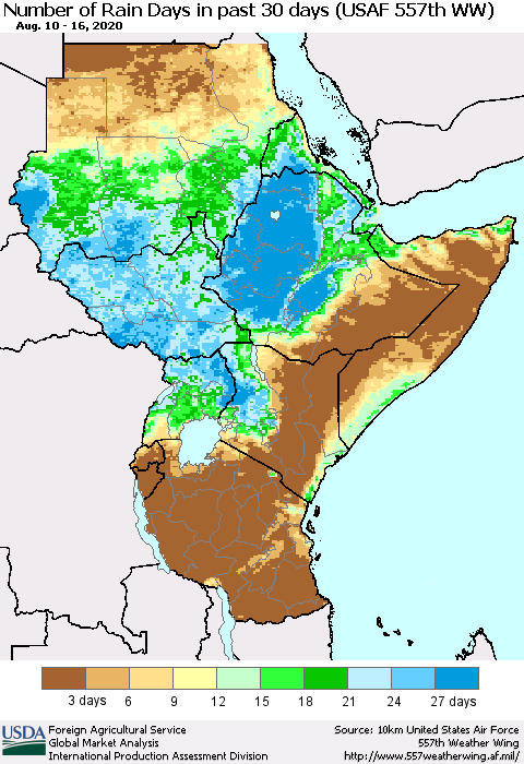 Eastern Africa Number of Rain Days in past 30 days (USAF 557th WW) 08/16/2020 Thematic Map For 8/10/2020 - 8/16/2020