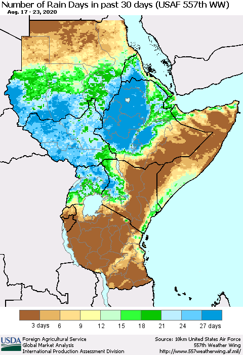 Eastern Africa Number of Rain Days in past 30 days (USAF 557th WW) 08/23/2020 Thematic Map For 8/17/2020 - 8/23/2020