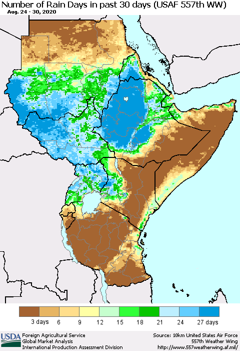 Eastern Africa Number of Rain Days in past 30 days (USAF 557th WW) 08/30/2020 Thematic Map For 8/24/2020 - 8/30/2020