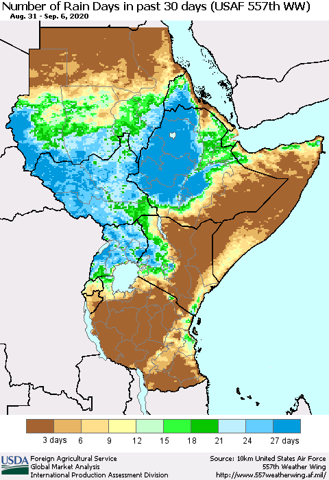 Eastern Africa Number of Rain Days in past 30 days (USAF 557th WW) 09/06/2020 Thematic Map For 8/31/2020 - 9/6/2020