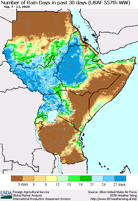 Eastern Africa Number of Rain Days in past 30 days (USAF 557th WW) 09/13/2020 Thematic Map For 9/7/2020 - 9/13/2020