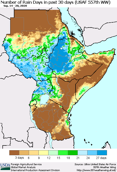 Eastern Africa Number of Rain Days in past 30 days (USAF 557th WW) 09/20/2020 Thematic Map For 9/14/2020 - 9/20/2020