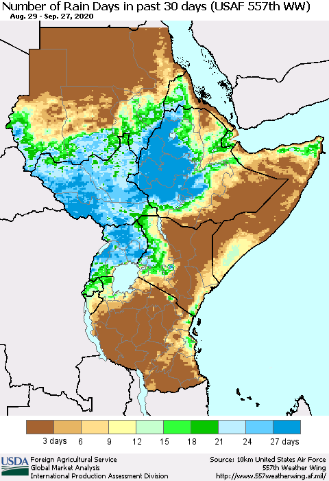 Eastern Africa Number of Rain Days in past 30 days (USAF 557th WW) 09/27/2020 Thematic Map For 9/21/2020 - 9/27/2020