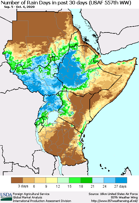 Eastern Africa Number of Rain Days in past 30 days (USAF 557th WW) 10/04/2020 Thematic Map For 9/28/2020 - 10/4/2020