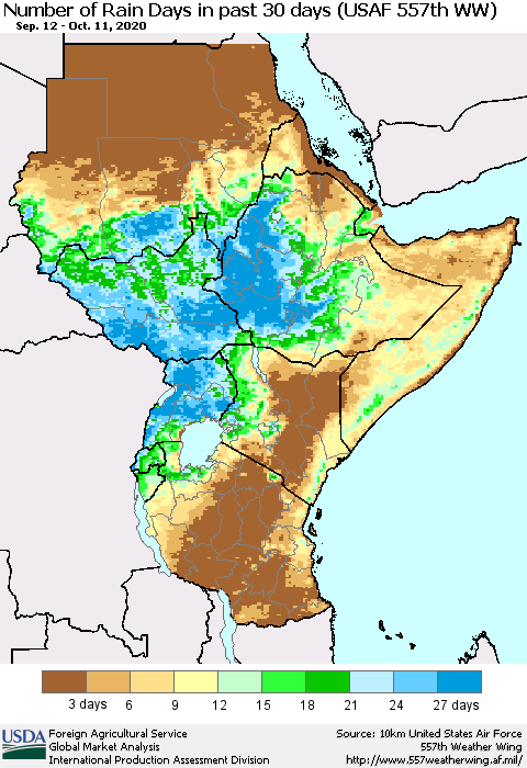 Eastern Africa Number of Rain Days in past 30 days (USAF 557th WW) 10/11/2020 Thematic Map For 10/5/2020 - 10/11/2020
