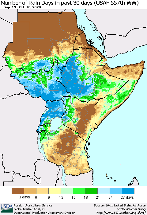 Eastern Africa Number of Rain Days in past 30 days (USAF 557th WW) 10/18/2020 Thematic Map For 10/12/2020 - 10/18/2020