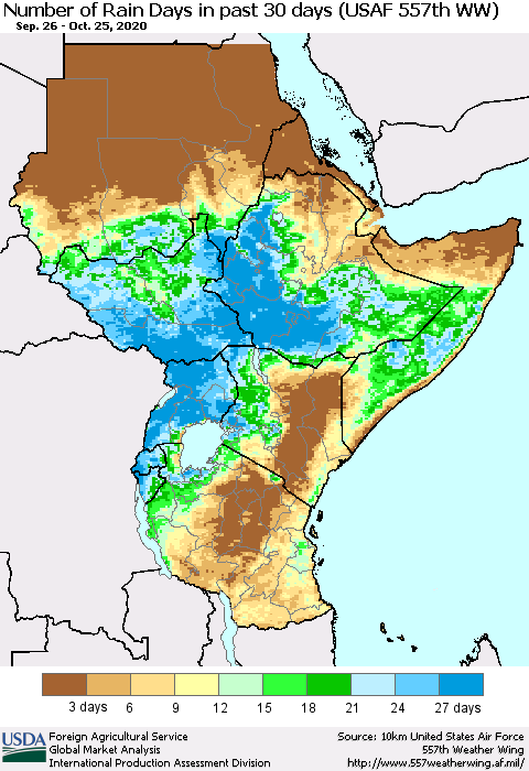 Eastern Africa Number of Rain Days in past 30 days (USAF 557th WW) 10/25/2020 Thematic Map For 10/19/2020 - 10/25/2020