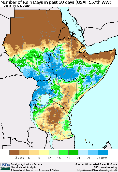 Eastern Africa Number of Rain Days in past 30 days (USAF 557th WW) 11/01/2020 Thematic Map For 10/26/2020 - 11/1/2020
