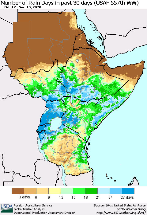 Eastern Africa Number of Rain Days in past 30 days (USAF 557th WW) 11/15/2020 Thematic Map For 11/9/2020 - 11/15/2020