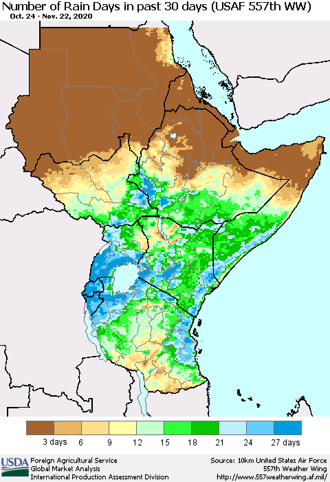 Eastern Africa Number of Rain Days in past 30 days (USAF 557th WW) 11/22/2020 Thematic Map For 11/16/2020 - 11/22/2020