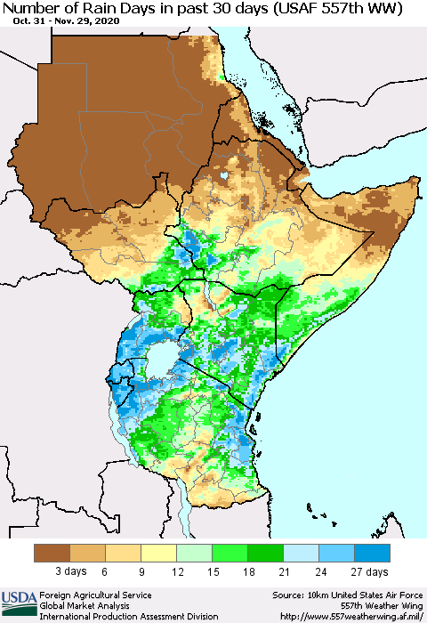 Eastern Africa Number of Rain Days in past 30 days (USAF 557th WW) 11/29/2020 Thematic Map For 11/23/2020 - 11/29/2020