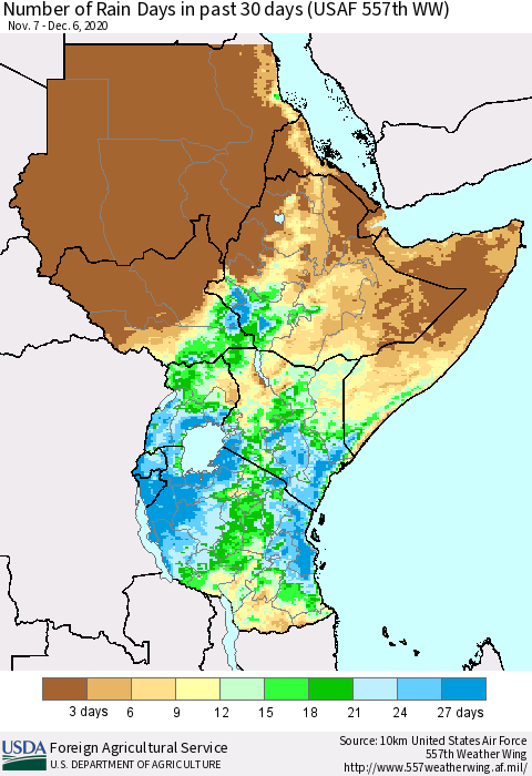 Eastern Africa Number of Rain Days in past 30 days (USAF 557th WW) 12/06/2020 Thematic Map For 11/30/2020 - 12/6/2020
