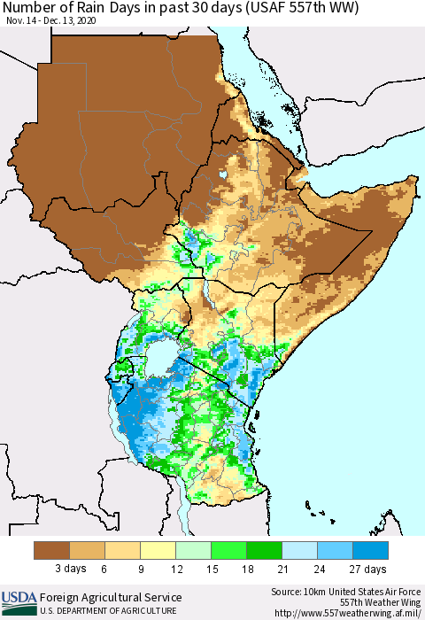 Eastern Africa Number of Rain Days in past 30 days (USAF 557th WW) 12/13/2020 Thematic Map For 12/7/2020 - 12/13/2020