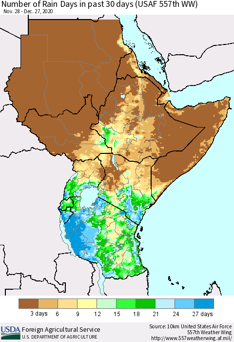Eastern Africa Number of Rain Days in past 30 days (USAF 557th WW) 12/27/2020 Thematic Map For 12/21/2020 - 12/27/2020