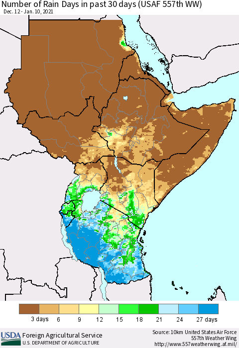 Eastern Africa Number of Rain Days in past 30 days (USAF 557th WW) 01/10/2021 Thematic Map For 1/4/2021 - 1/10/2021
