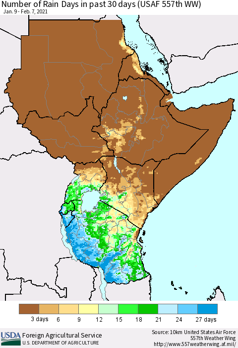Eastern Africa Number of Rain Days in past 30 days (USAF 557th WW) 02/07/2021 Thematic Map For 2/1/2021 - 2/7/2021