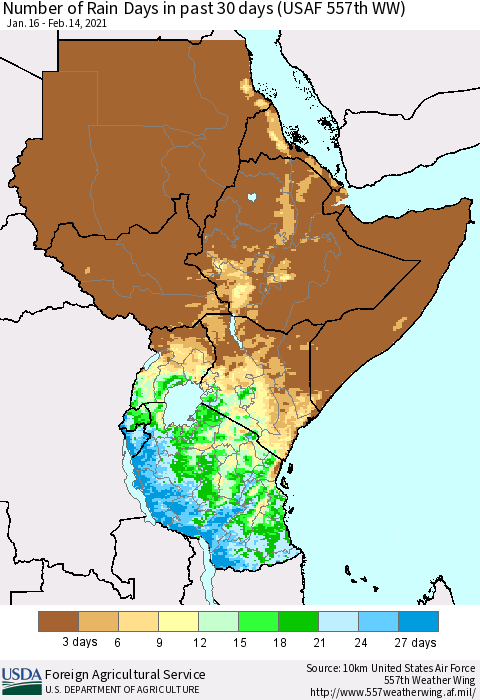 Eastern Africa Number of Rain Days in past 30 days (USAF 557th WW) 02/14/2021 Thematic Map For 2/8/2021 - 2/14/2021
