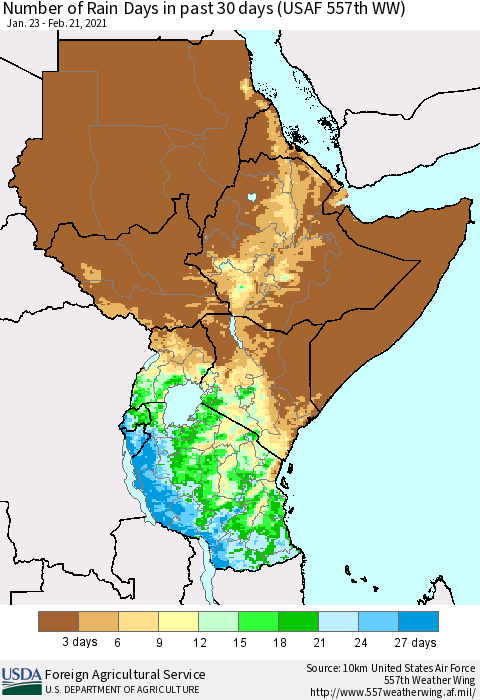 Eastern Africa Number of Rain Days in past 30 days (USAF 557th WW) 02/21/2021 Thematic Map For 2/15/2021 - 2/21/2021