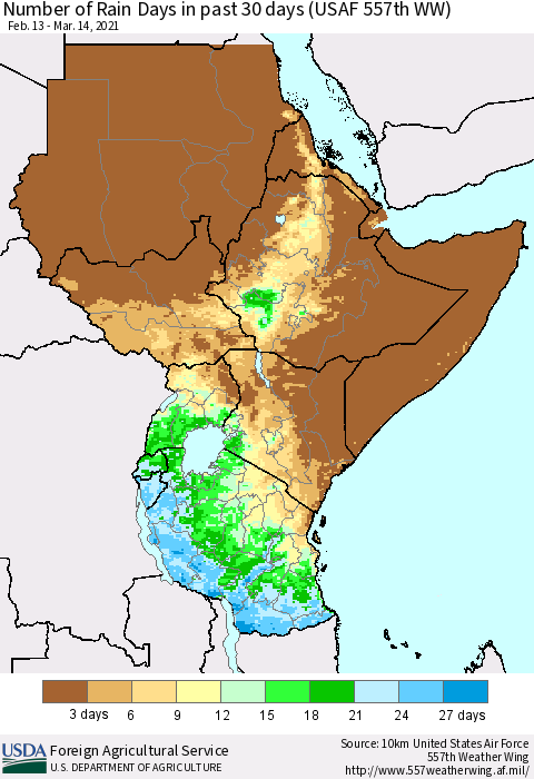 Eastern Africa Number of Rain Days in past 30 days (USAF 557th WW) 03/14/2021 Thematic Map For 3/8/2021 - 3/14/2021