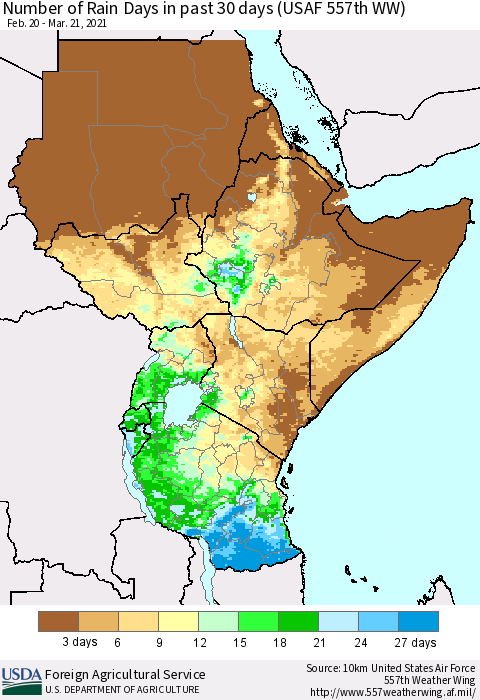 Eastern Africa Number of Rain Days in past 30 days (USAF 557th WW) 03/21/2021 Thematic Map For 3/15/2021 - 3/21/2021