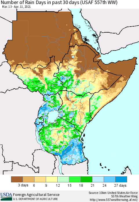 Eastern Africa Number of Rain Days in past 30 days (USAF 557th WW) 04/11/2021 Thematic Map For 4/5/2021 - 4/11/2021