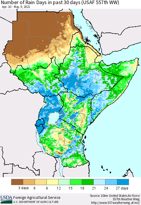 Eastern Africa Number of Rain Days in past 30 days (USAF 557th WW) 05/09/2021 Thematic Map For 5/3/2021 - 5/9/2021