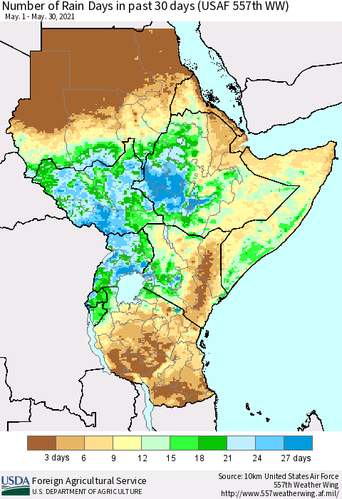 Eastern Africa Number of Rain Days in past 30 days (USAF 557th WW) 05/30/2021 Thematic Map For 5/24/2021 - 5/30/2021