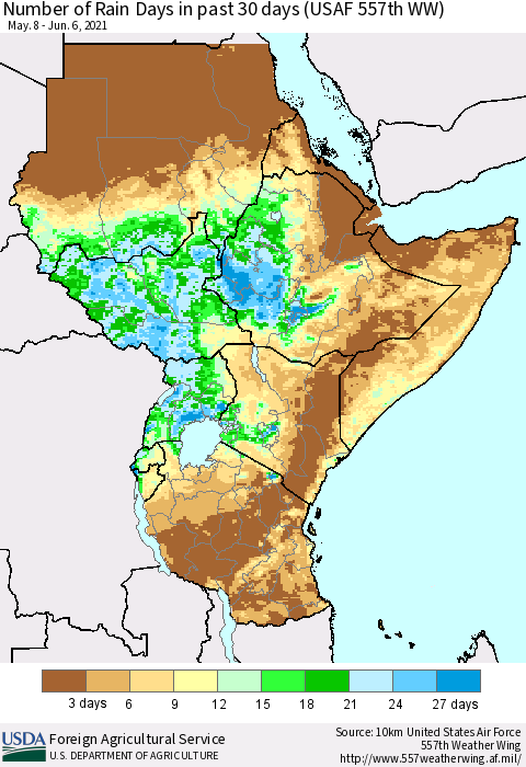 Eastern Africa Number of Rain Days in past 30 days (USAF 557th WW) 06/06/2021 Thematic Map For 5/31/2021 - 6/6/2021