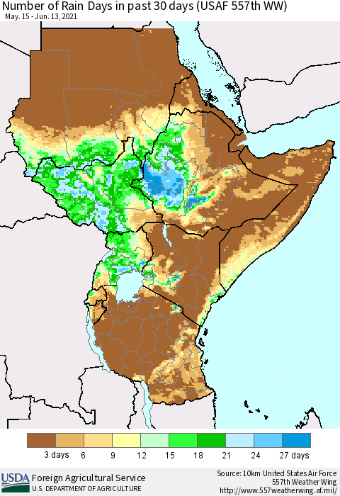 Eastern Africa Number of Rain Days in past 30 days (USAF 557th WW) 06/13/2021 Thematic Map For 6/7/2021 - 6/13/2021
